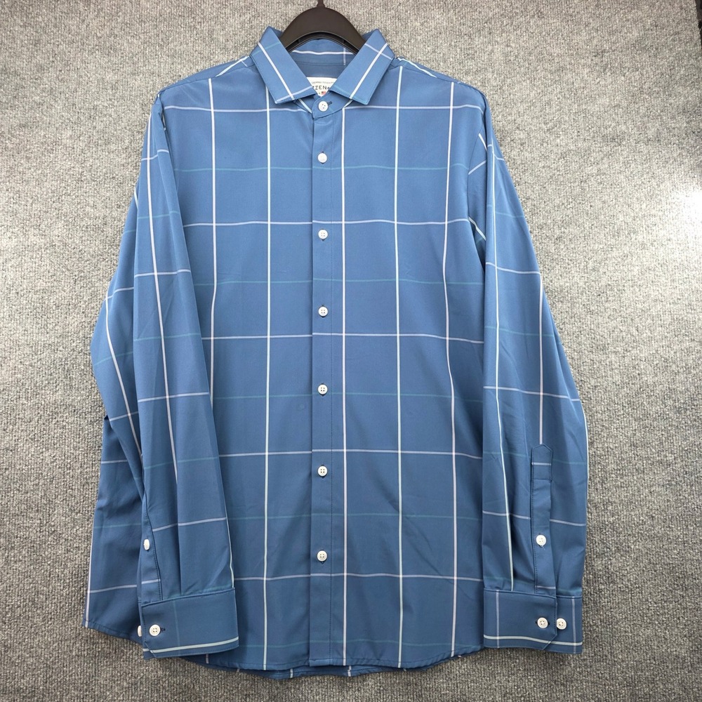 Mizzen+Main Leeward Blue Windowpane Check Performance Dress Shirt XL Trim Fit